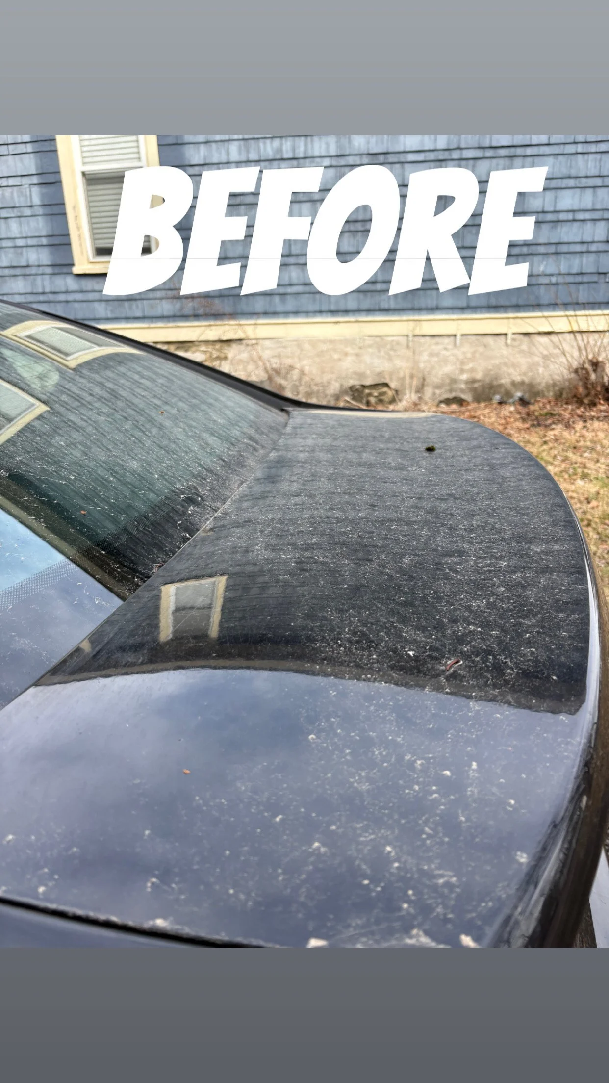Dusty black car truck and rear windshield with the word 'BEFORE' written across the top.