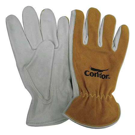 CONDOR Leather Drivers Gloves, Cowhide, Shirred Slip-On, Keystone Thumb, Gunn Cut, Brown/White, XL 1 PR