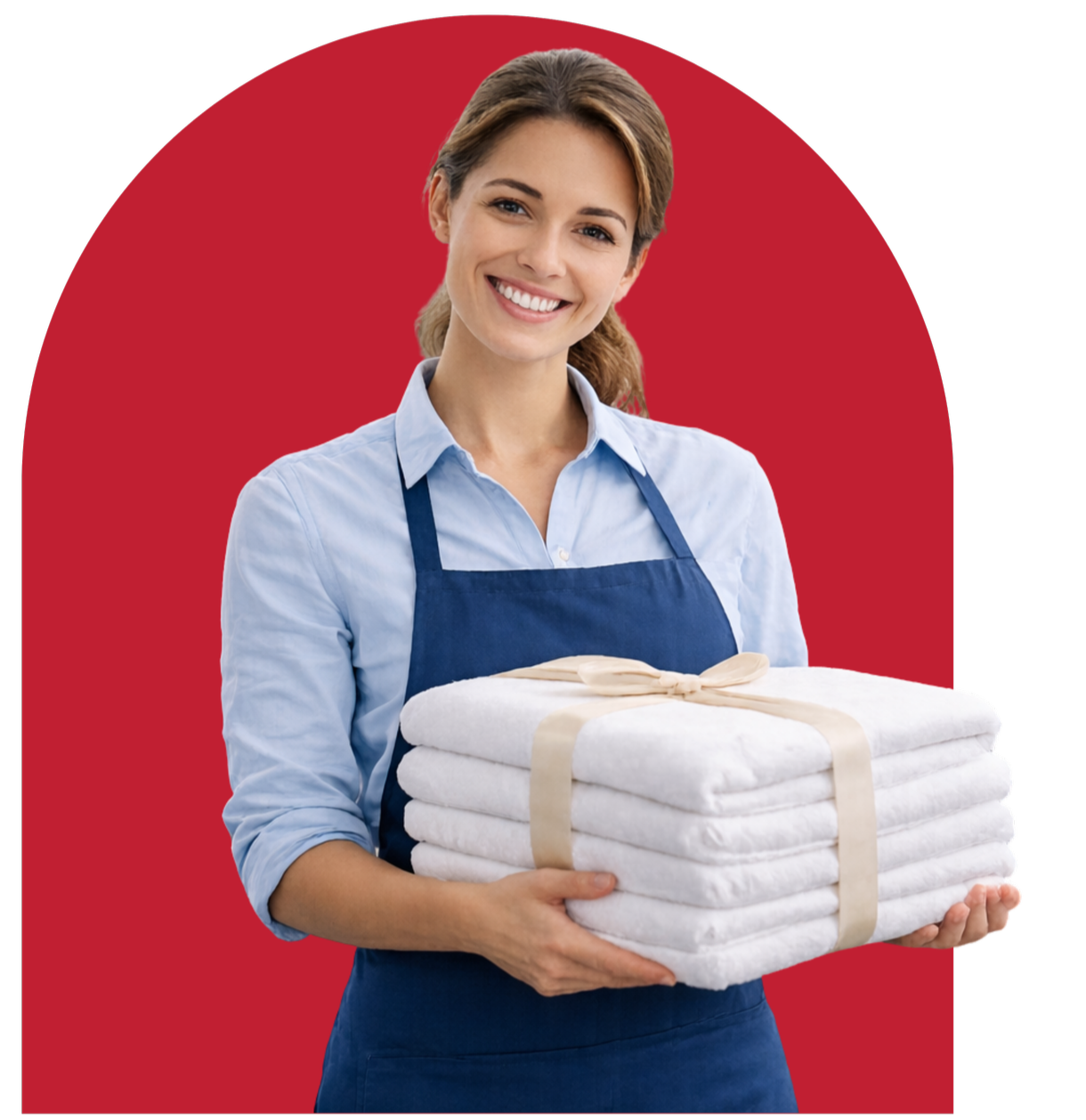 Laundry Luv employee holding freshly folded towels for business laundry service.