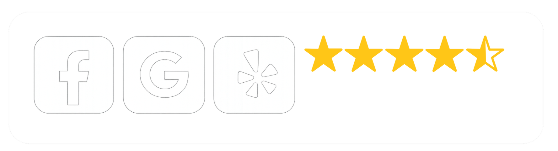 Social media sharing icons for Facebook, Google, and Yelp, along with a five-star rating showing 4.5 stars.