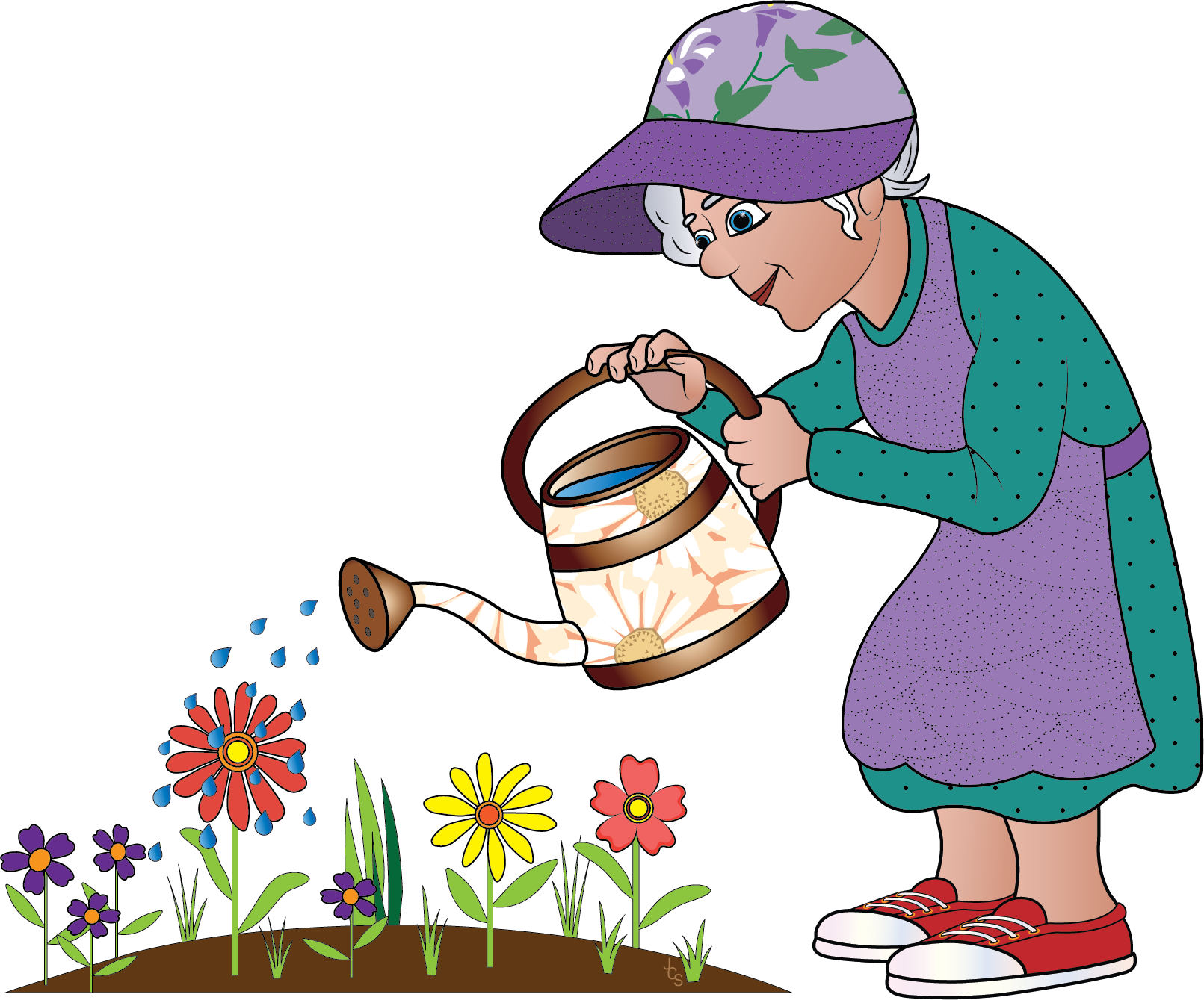 Grandma in a green dress watering bright flowers.
