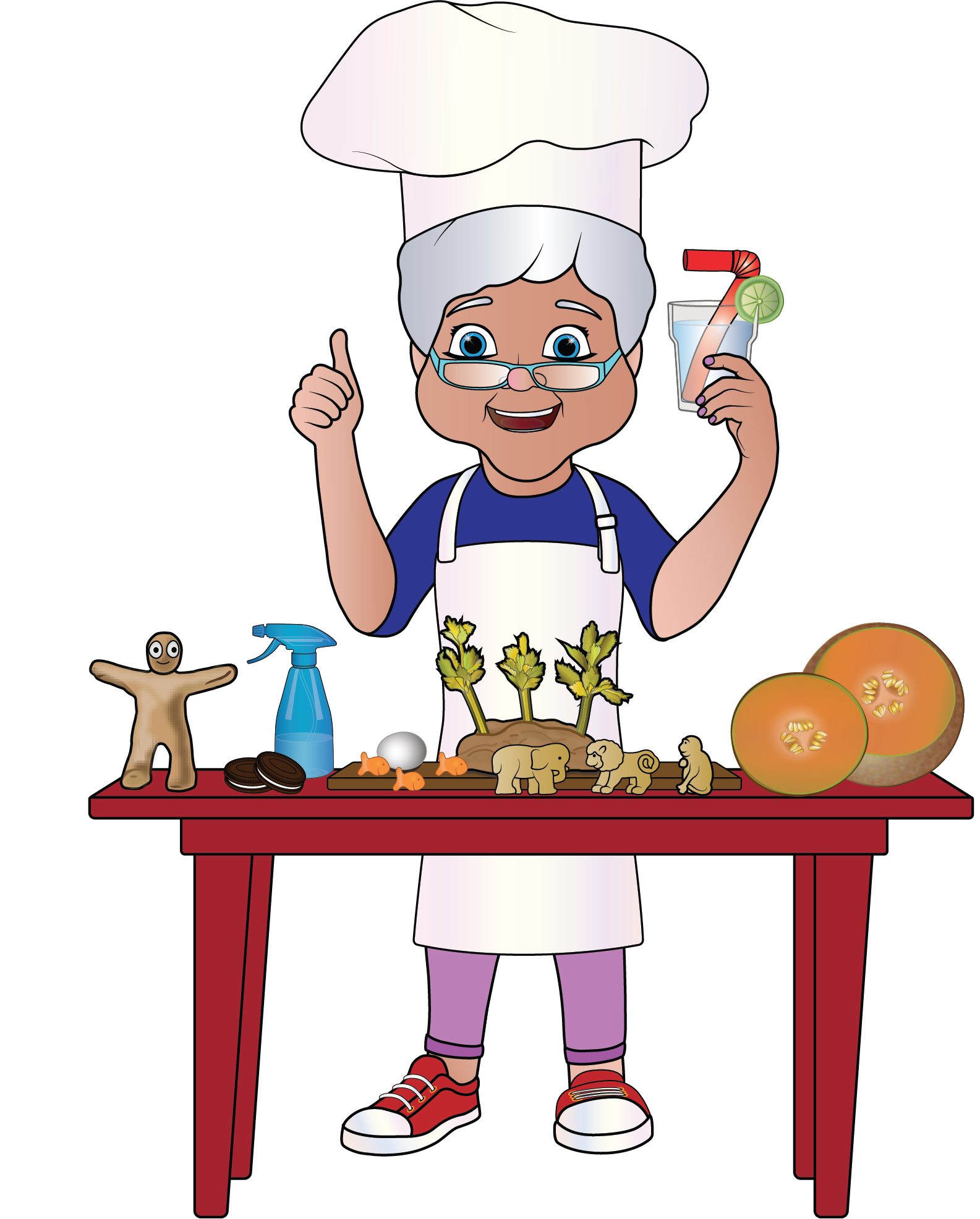Chef Grandma giving a thumbs up behind a table with food items and science experiences.