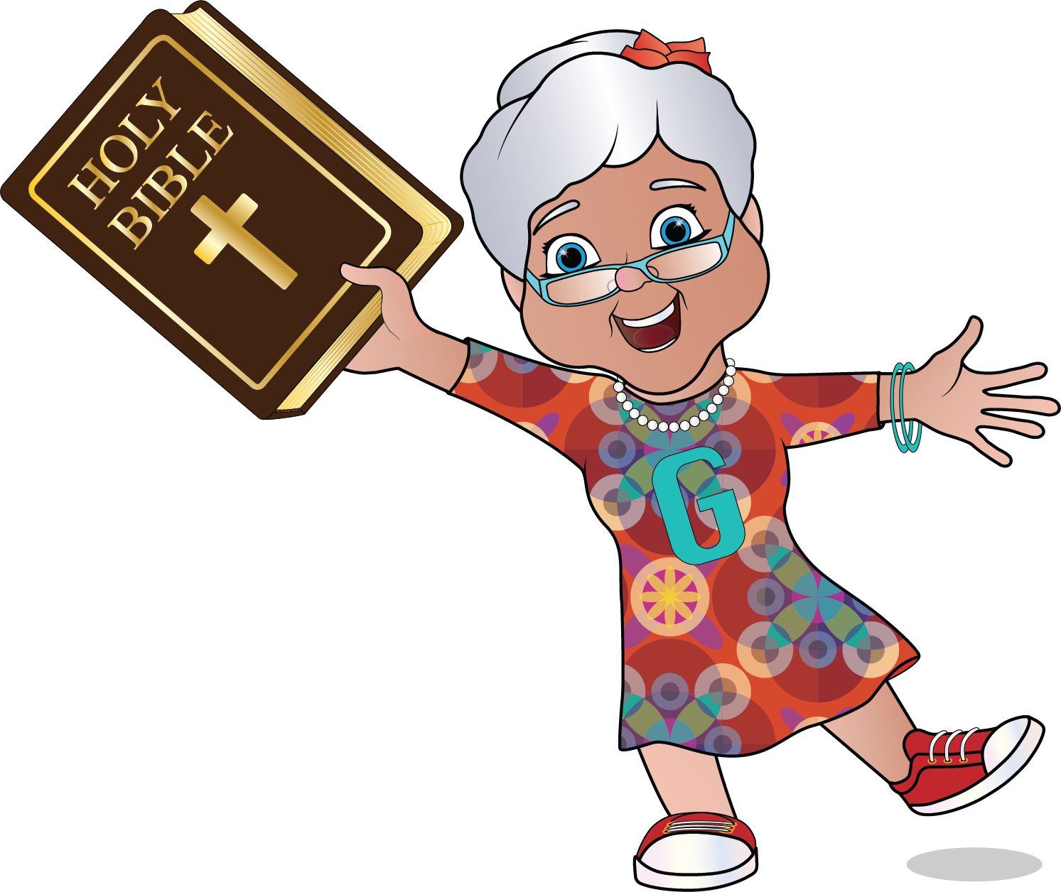 Grandma in a red dress holding a Bible.