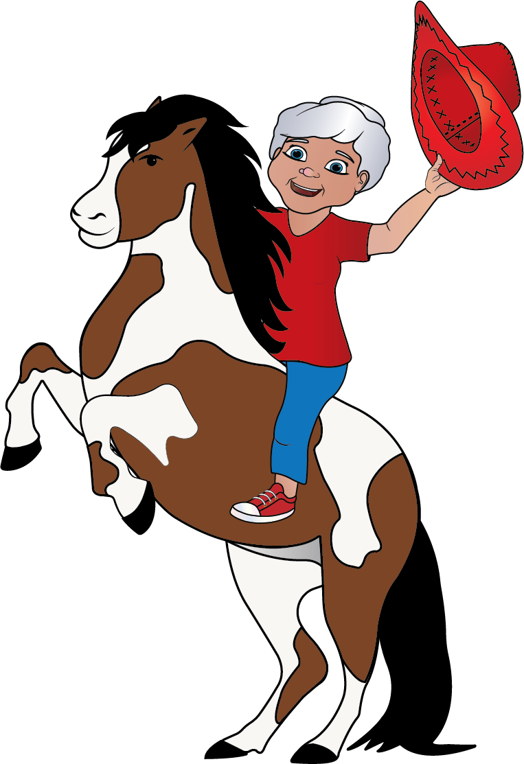 Grandma riding a brown and white pinto horse.