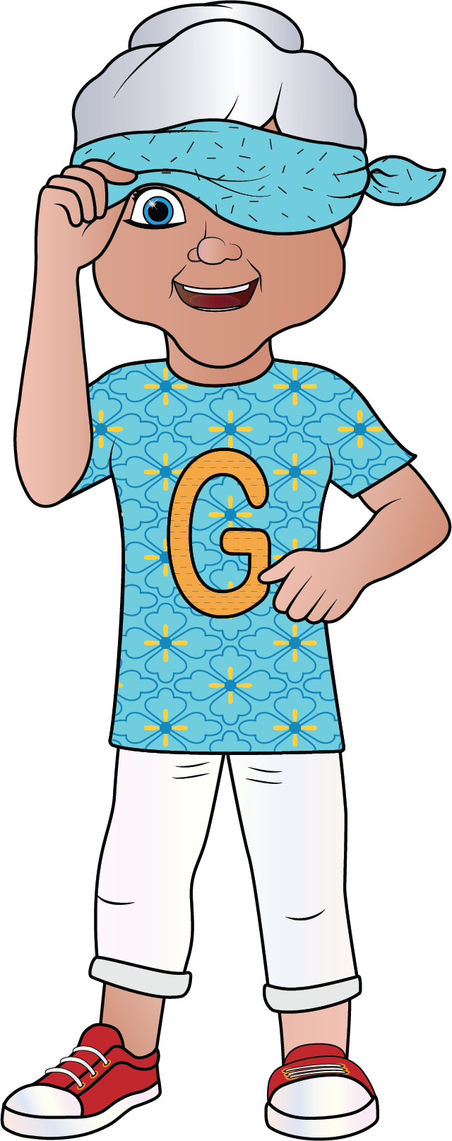 A cartoon with a happy expression, wearing a white chef's hat with a blue band, a blue shirt with yellow and blue flowers and a large orange letter G on it, white rolled-up pants, red sneakers, and a blue eye patch.