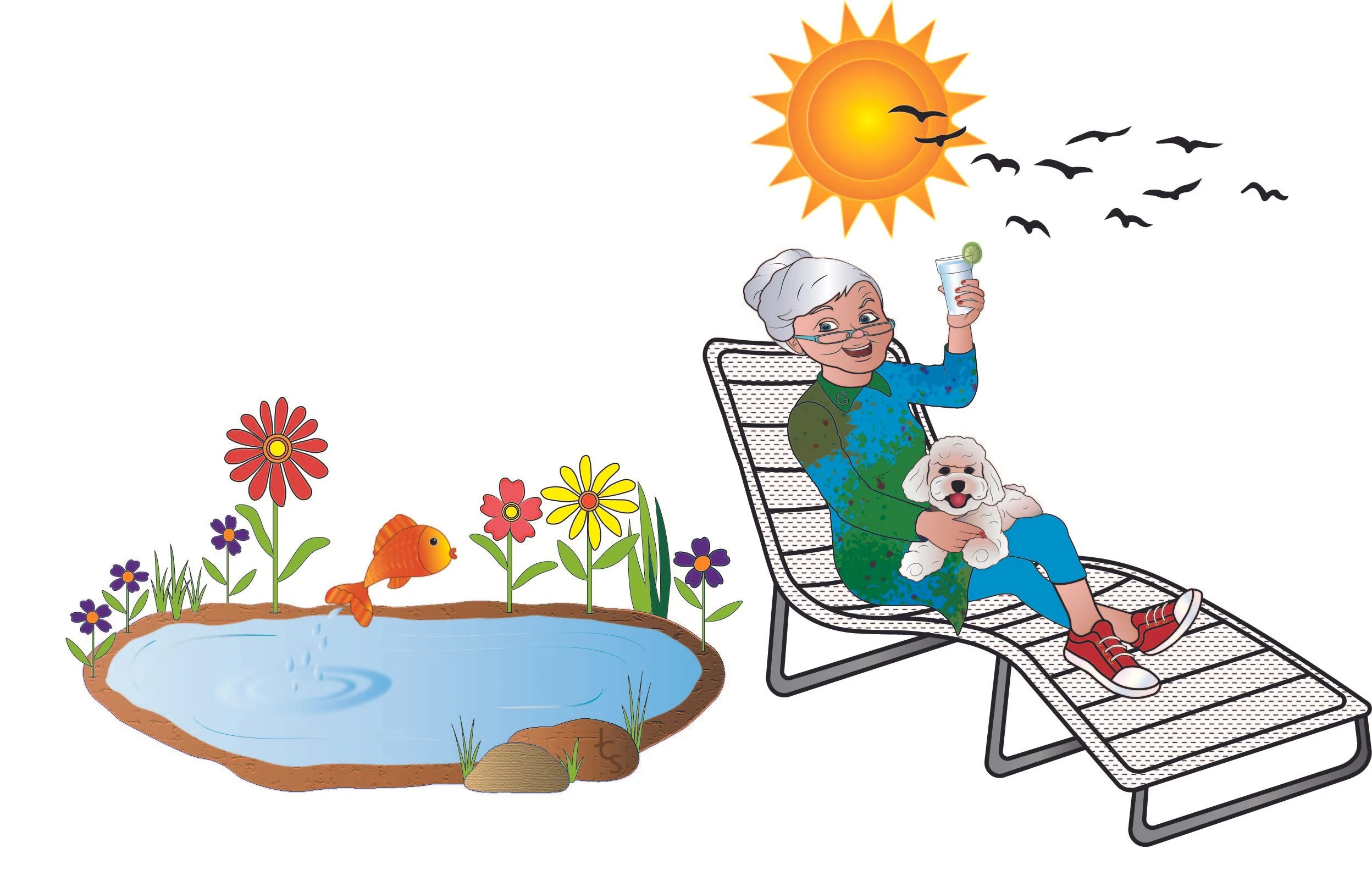 Grandma resting by a pond with a dog on her lap and drinking a glass of water.