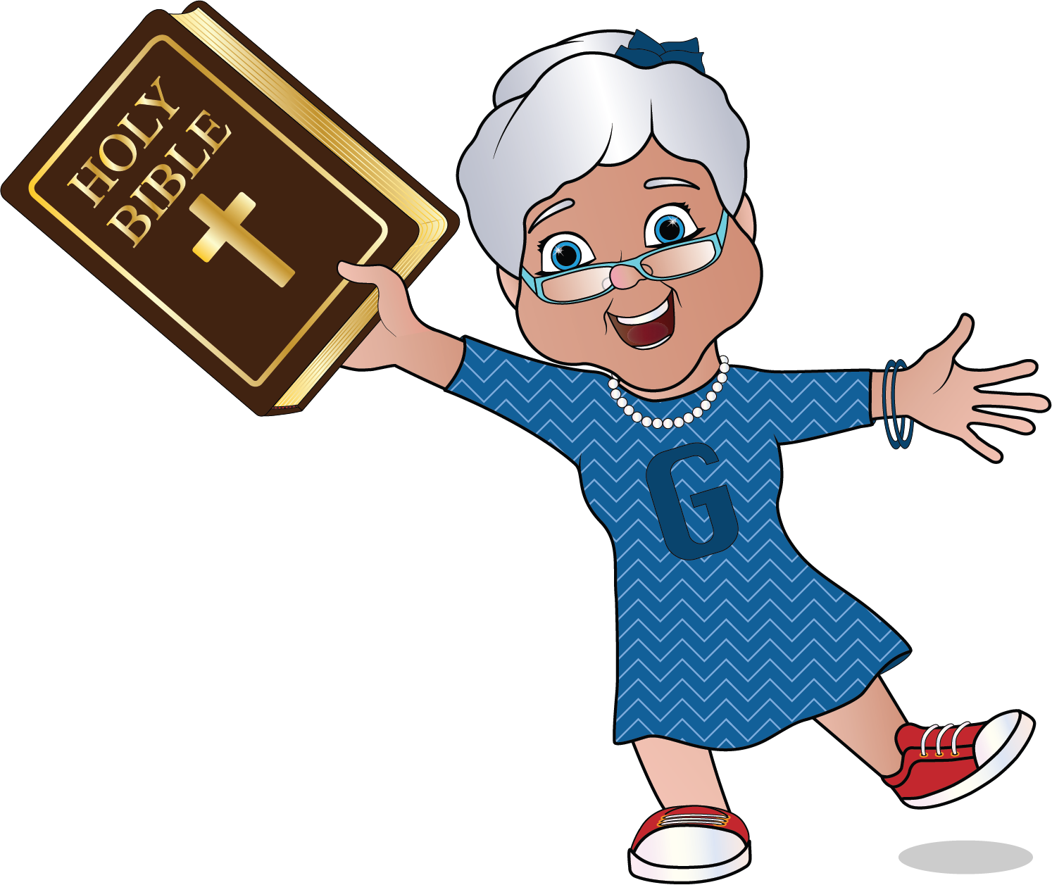 A cartoon elderly woman with white hair, glasses, and a blue dress is holding a large brown Holy Bible with a gold cross and the words 'Holy Bible' on the cover, smiling and reaching out.