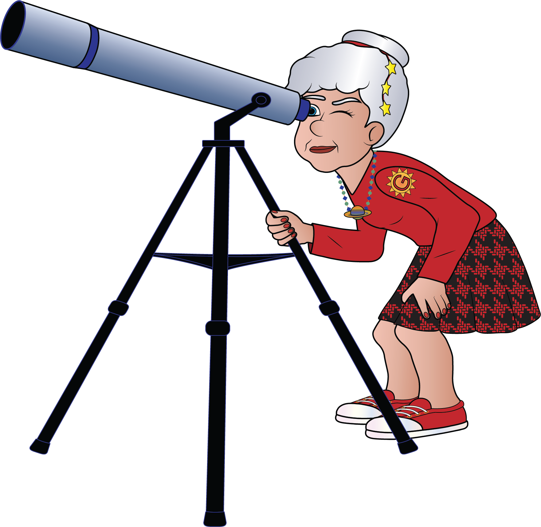A cartoon grandma with short white hair and star hair accessories looking through a telescope in a dark background.