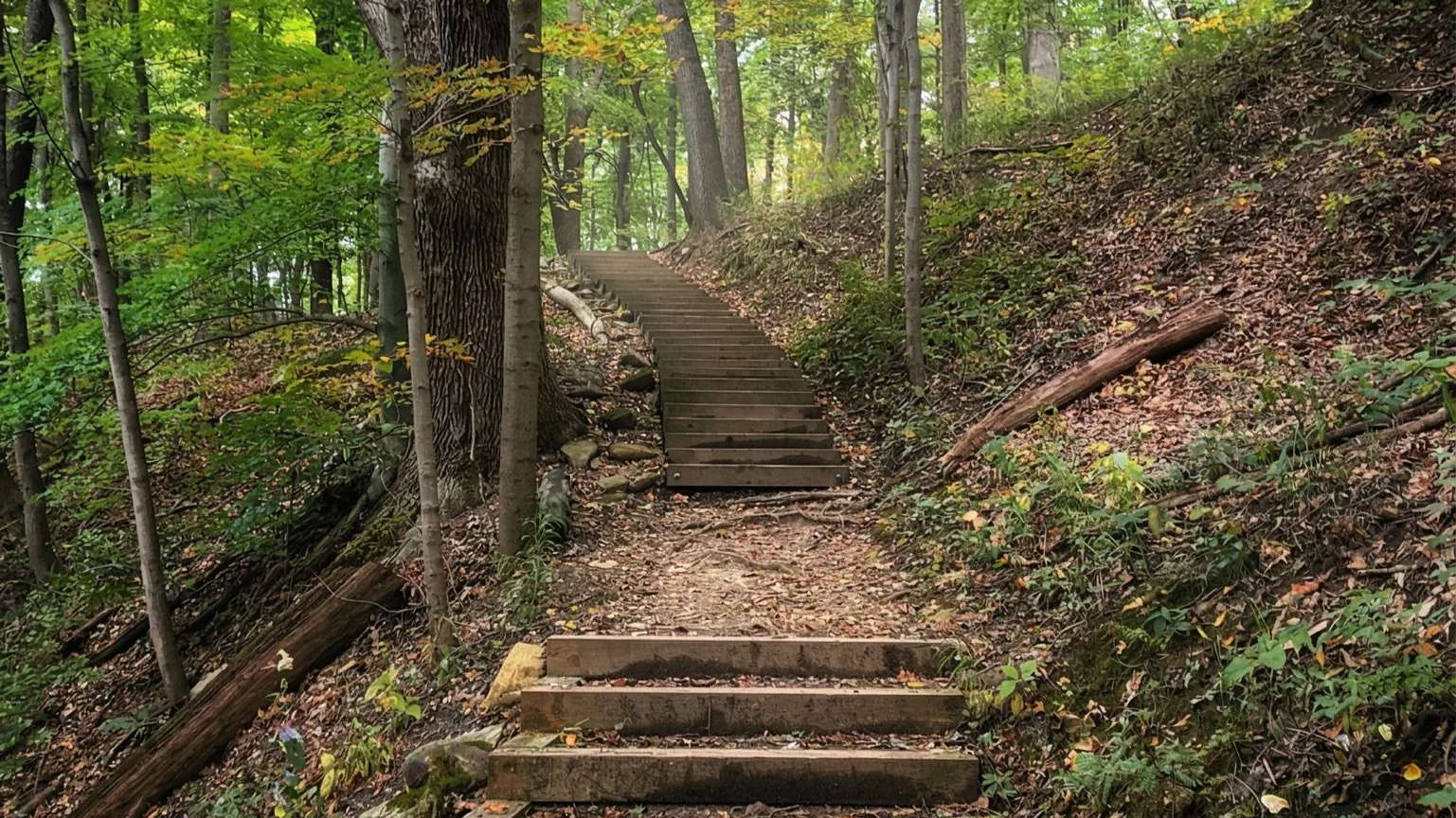 A wooded hiking trail with wooden stairs ascending a hill through a forest with green and yellow leaves, fallen leaves on the ground, and trees on both sides.