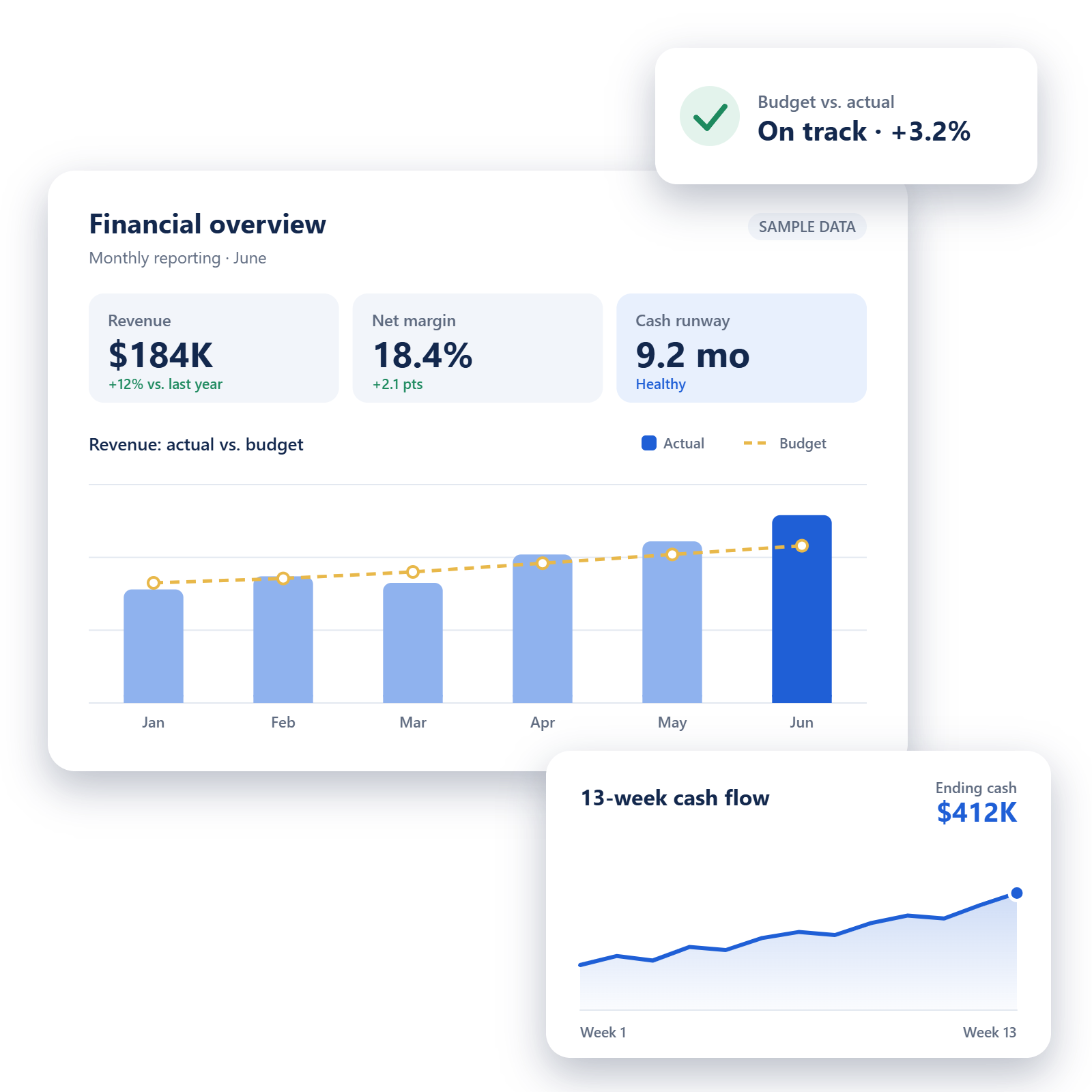 Sample monthly financial dashboard showing revenue, net margin, cash runway, budget vs. actual and a 13-week cash flow forecast