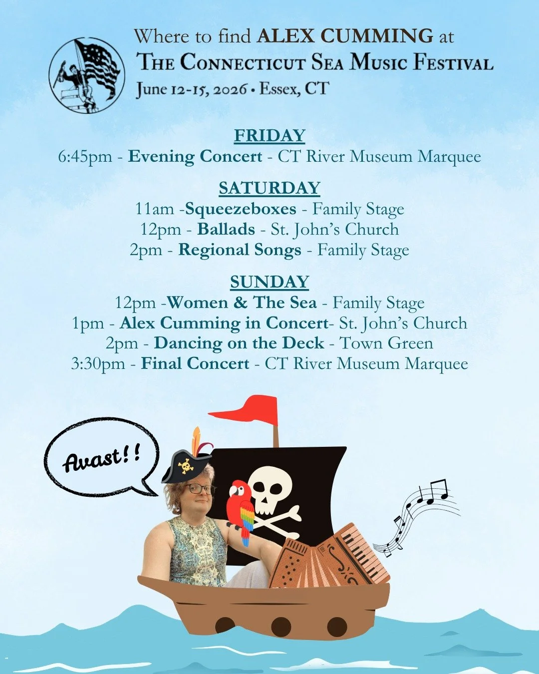 WHERE TO FIND ME THIS WEEKEND at the wonderful Connecticut Sea Music Festival! Who's coming along?

........................................................................................................................

FRIDAY
6:45pm - Evening Conc