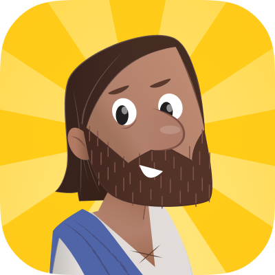 Cartoon depiction of Jesus with long hair, beard, wearing a white robe with a blue sash, smiling against a yellow radiating background.