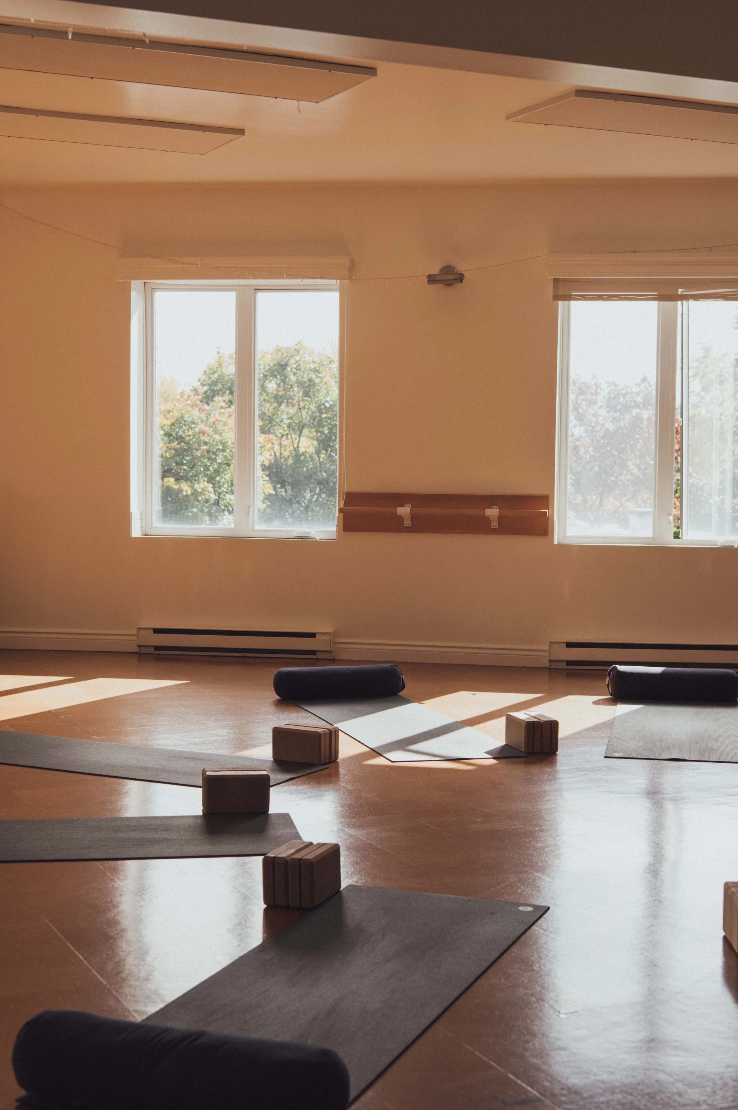 Yoga mats and props placed in a circle in a warmly-lit room