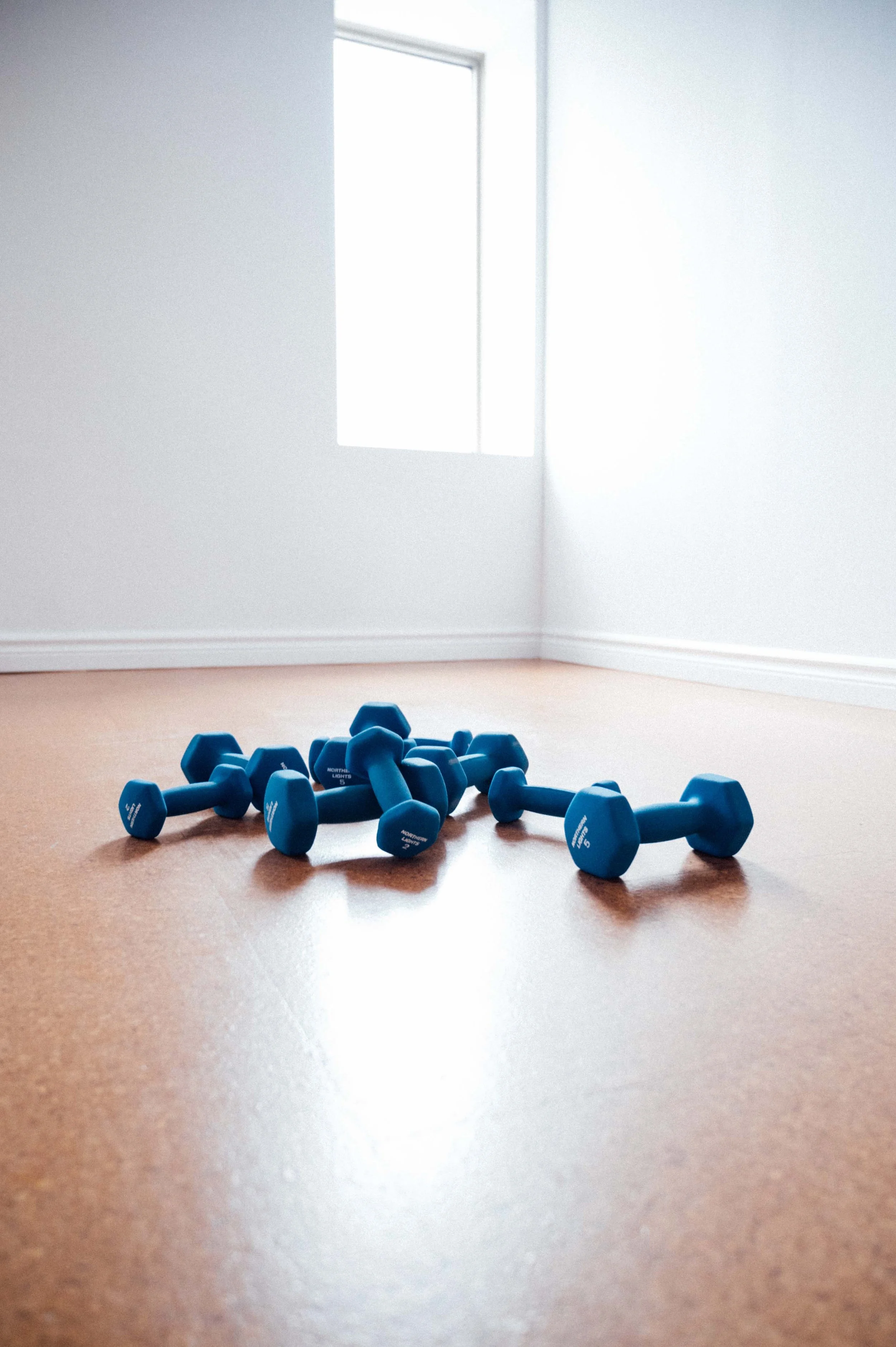 Blue weights on a cork floor in a bright studio room