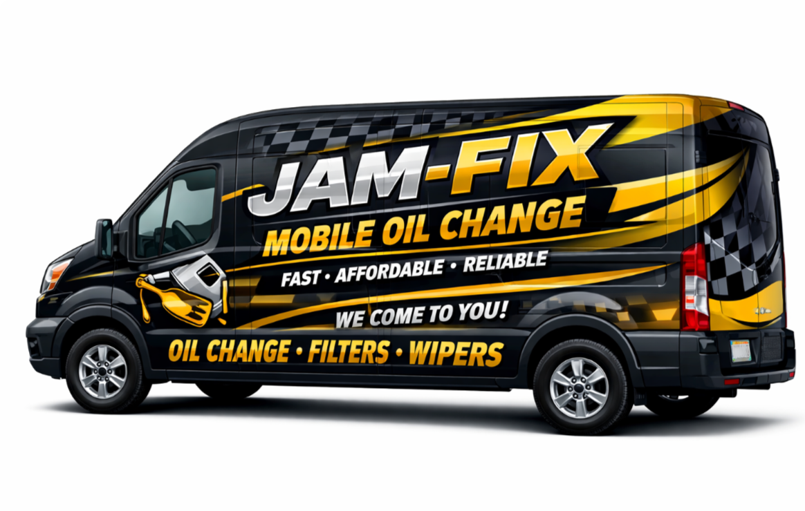 A black van advertising JAM-FIX, a mobile oil change service, with yellow and white text and graphics promoting fast, affordable, reliable oil changes, filter, and wiper replacements, and indicating they come to customers.