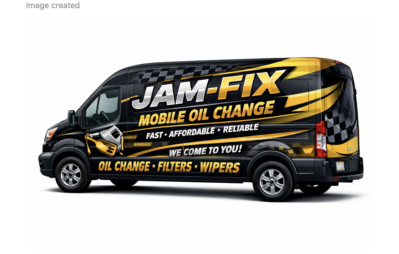 A black van with yellow and white graphics advertising JAM-FIX mobile oil change services. The text mentions fast, affordable, reliable service, and that they come to you for oil changes, filters, and wipers.