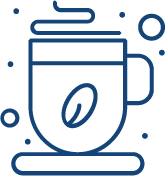 Illustration of a steaming coffee mug with a coffee bean symbol, surrounded by abstract decorative elements.