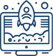 Rocket launching from a computer screen with surrounding bubbles and lines.