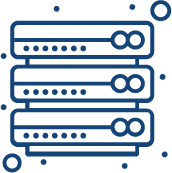 Icon of a server rack with four stacked servers, depicted in blue outline.