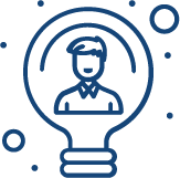 A digital illustration of a person with glasses inside a lightbulb, symbolizing ideas or innovation.