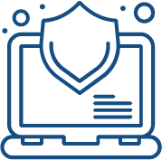 Outline of a laptop with a shield and checkmark symbol on the screen, indicating cybersecurity or protection.