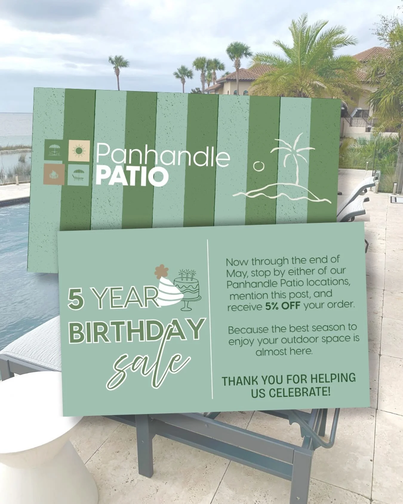 Five years of Panhandle Patio in Panama City and we&rsquo;re celebrating the best way we know how &mdash; with YOU. 🎉☀️

From helping create backyard retreats, poolside lounges, balcony setups, and gathering spaces made for making memories&mdash; We