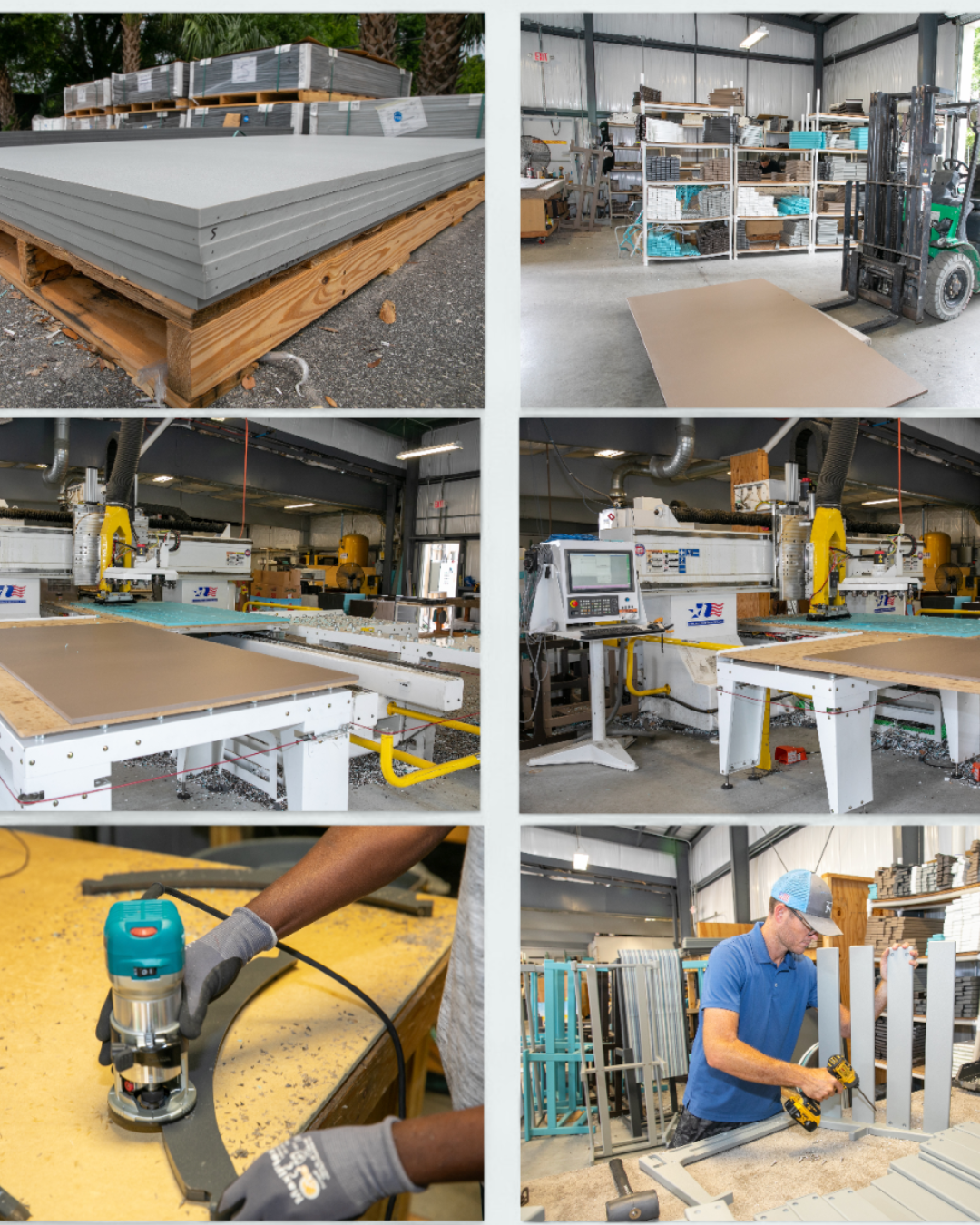 Various images showing a manufacturing or woodworking facility. Top left shows gray panels stacked on a pallet outside. Top right shows shelving with materials inside a warehouse. Middle left and right show machinery used for cutting or shaping materials. Bottom left shows someone carving a curve into a piece of material using a power tool, and bottom right shows a person assembling or measuring metal or wood components.