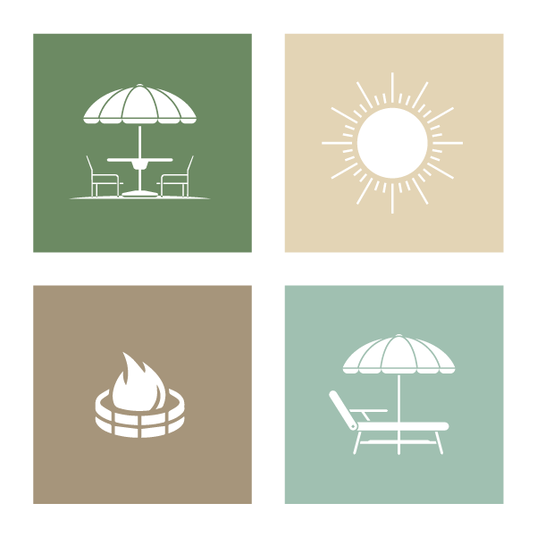 Four minimalist icons representing outdoor leisure activities: a table with a umbrella on a green background, a sun on a beige background, a campfire on a brown background, and a lounge chair with a umbrella on a teal background.