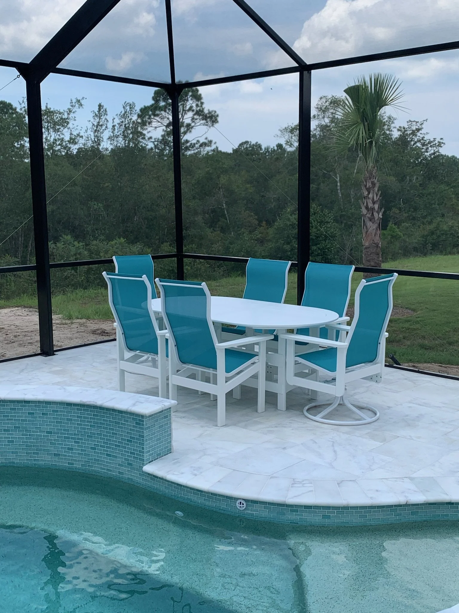 Backyard swimming pool area with a screened porch, white table, six blue chairs, and a palm tree in the background.