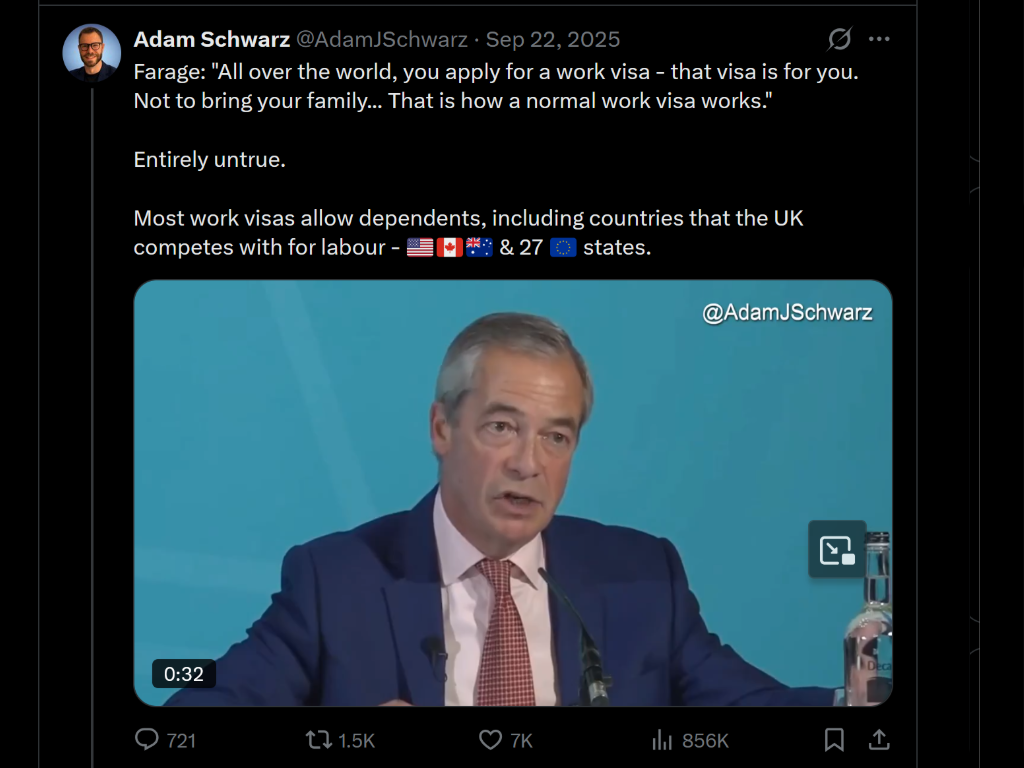 Screenshot of a tweet by Adam Schwarz discussing work visas, featuring a video of a man in a blue suit and red tie speaking at a table with a blue background.