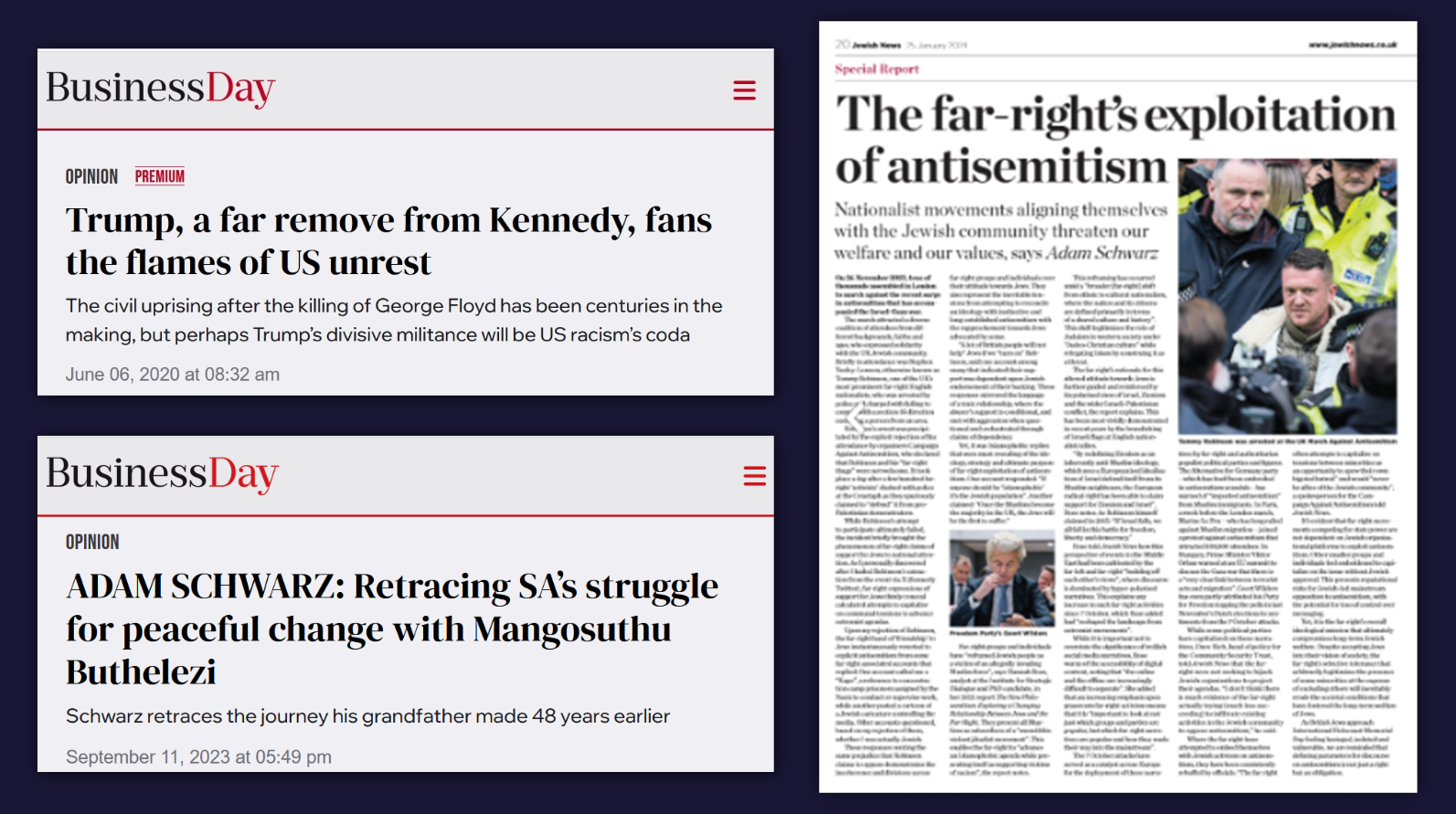 Screenshots of two articles from BusinessDay and a newspaper page from Jewish News discussing political issues, accompanied by a photo of police and civilians.