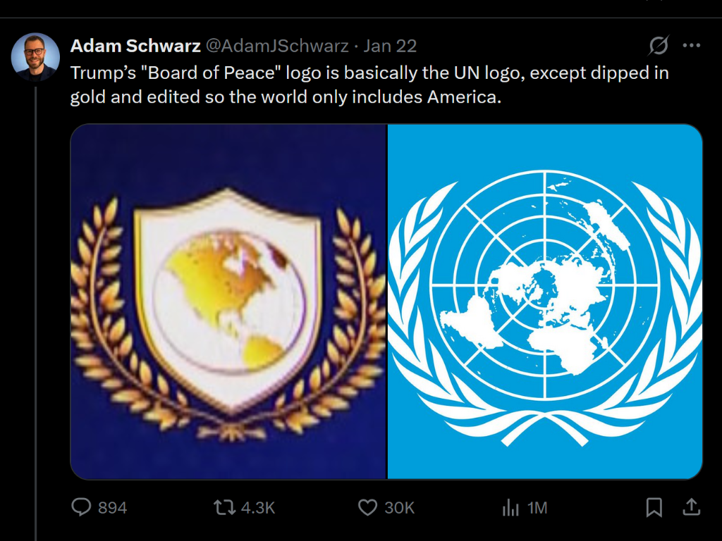 Side-by-side images of two emblems: the left shows a shield with golden laurel wreaths and a globe with North America highlighted; the right is the United Nations emblem, featuring a world map surrounded by olive branches.