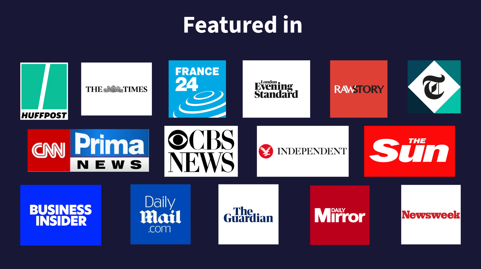 Collection of logos from various media outlets under the caption 'Featured in'.