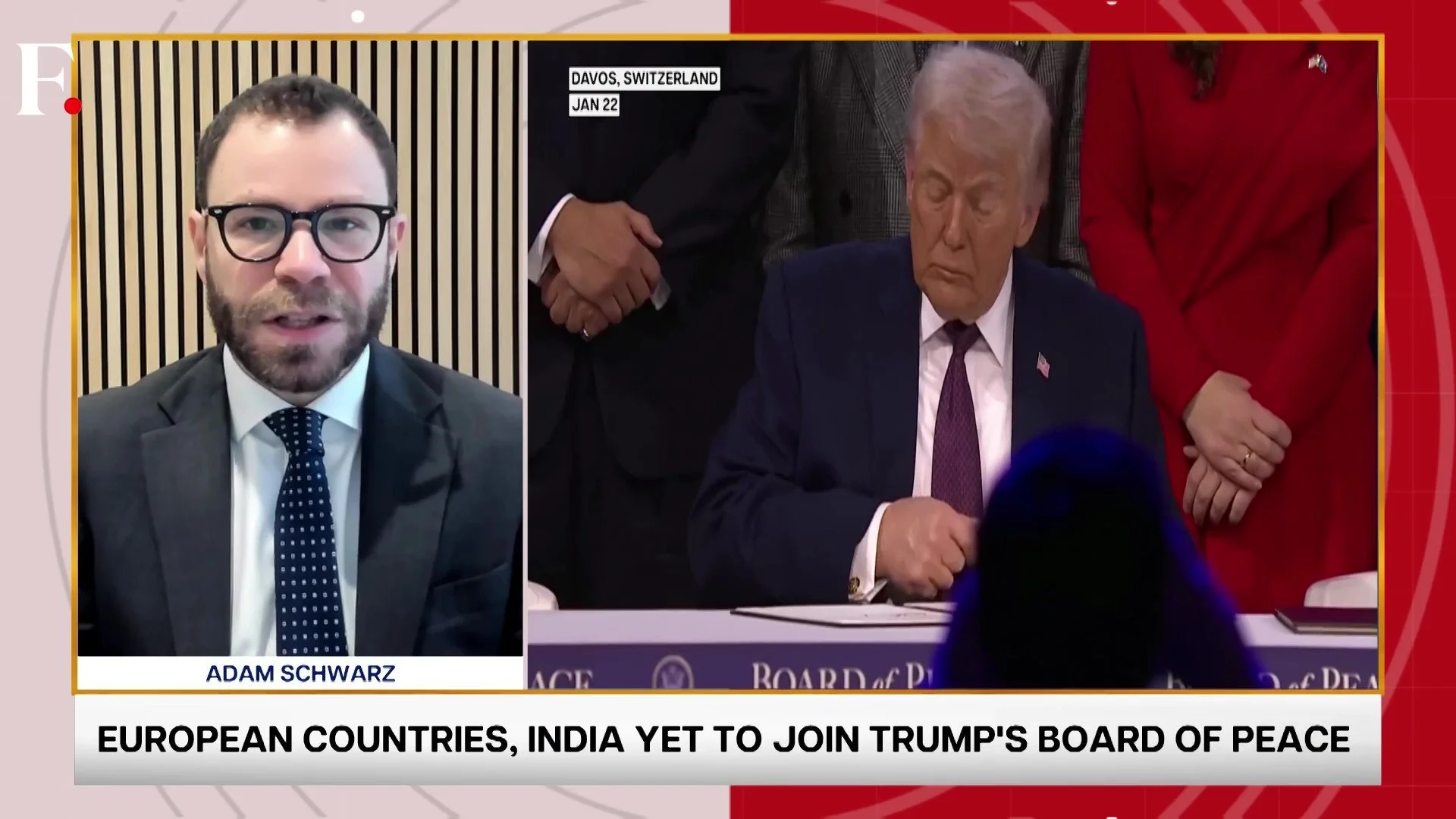A split-screen news broadcast with a man in glasses and a suit speaking on the left and a photo showing Donald Trump at a signing event with others in the background on the right. The news headline reads 'European countries, India yet to join Trump's Board of Peace' and includes a label with the location 'Davos, Switzerland, Jan 22'.