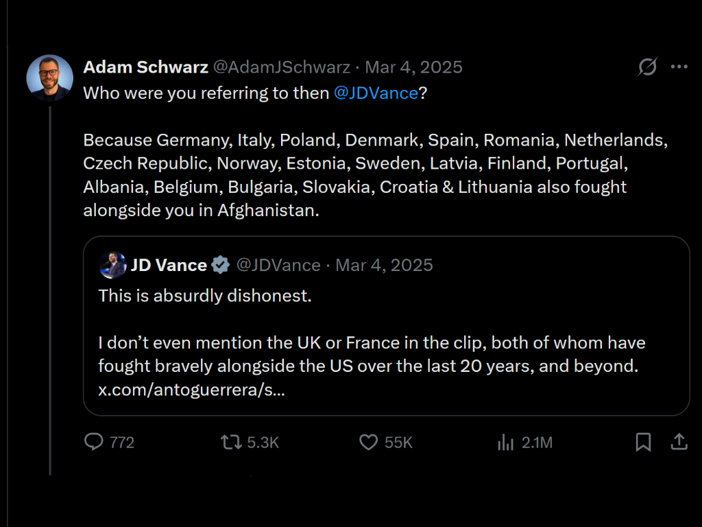 Twitter conversation between Adam Schwarz and JD Vance discussing countries involved in fighting alongside the US in Afghanistan, mentioning European and non-European countries.
