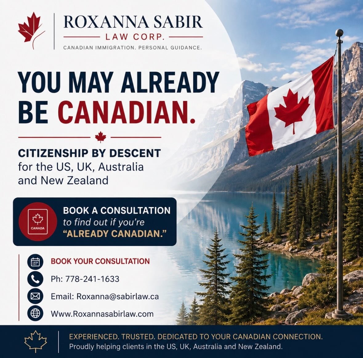 Did you know, you may already be Canadian? 🇨🇦

If you live in the US, UK, Australia, or New Zealand and have a Canadian parent, grandparent or great-grandparent, you could already have a claim to Canadian citizenship by descent.

What should you do