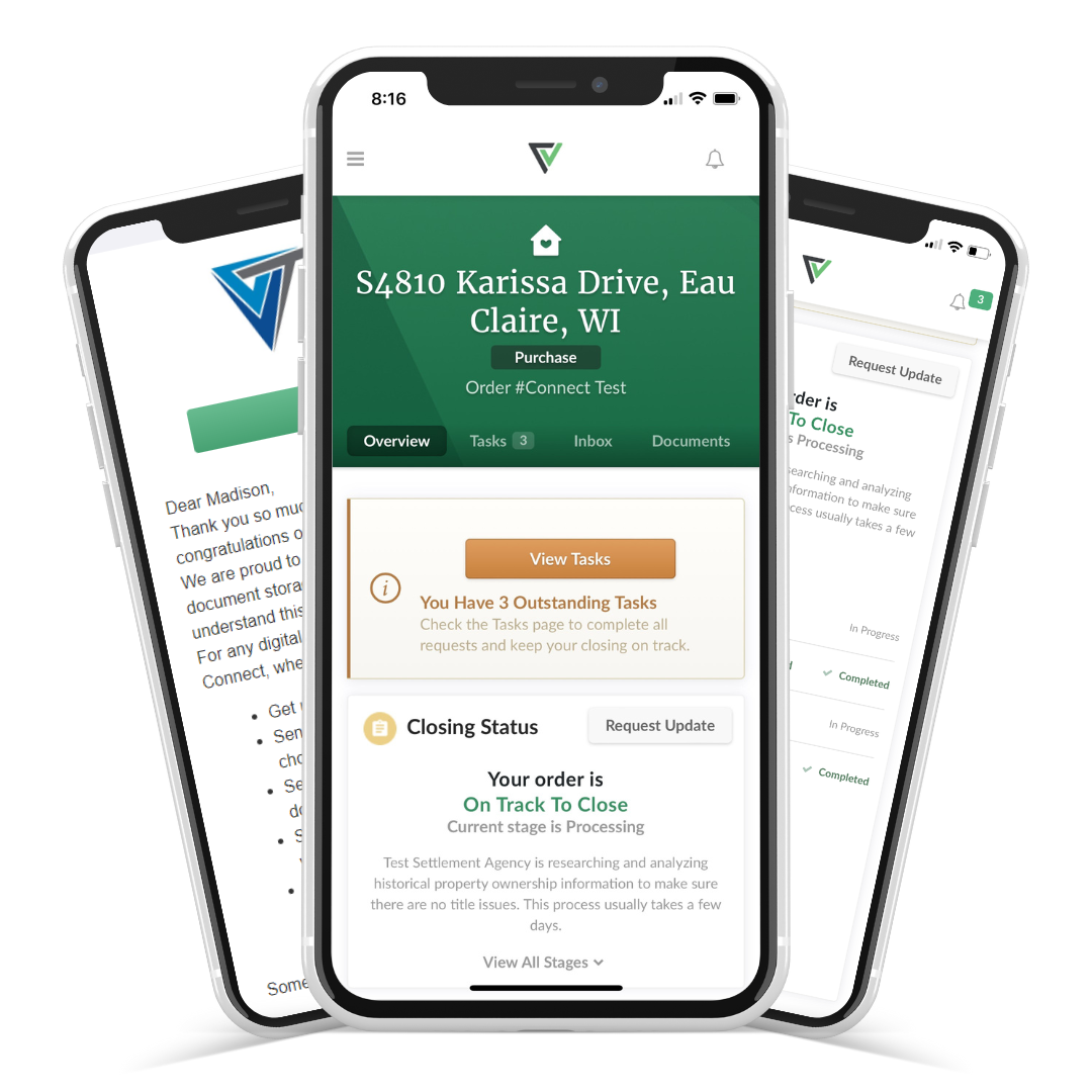 Mobile app screens showing property details, tasks, and status updates for property management at S4810 Karissa Drive, Eau Claire, WI.