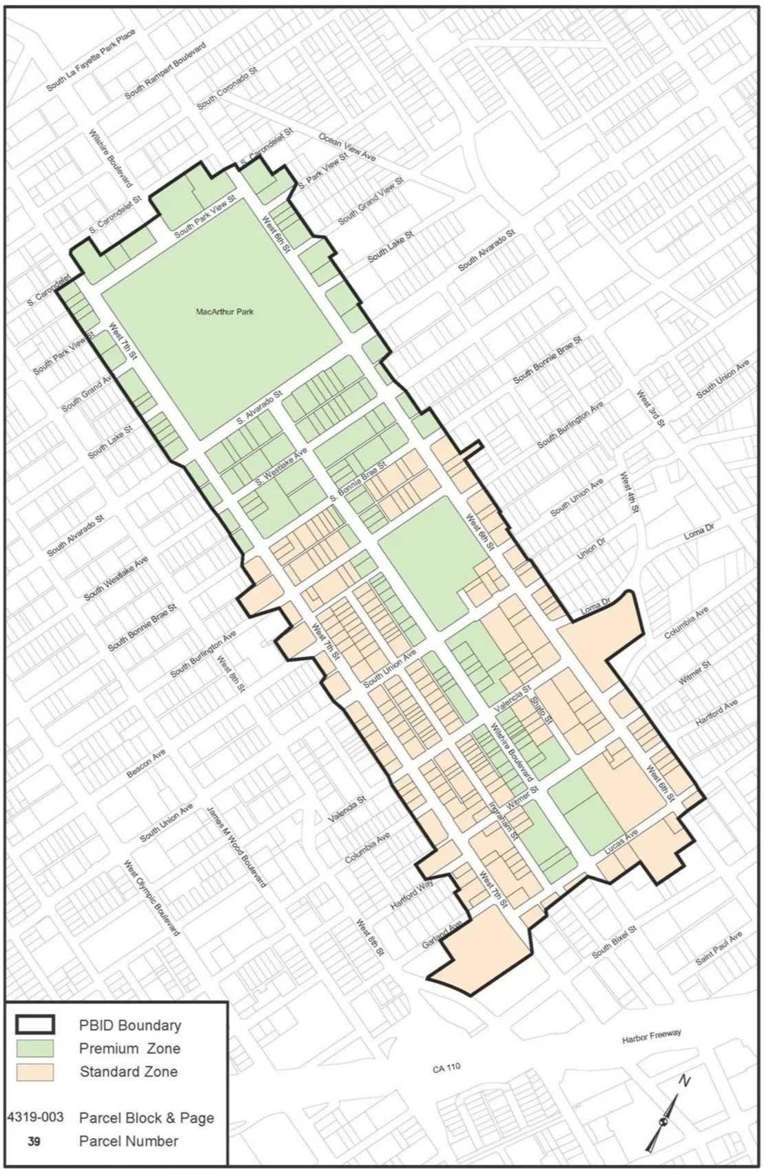 Map showing PBID boundary with zones, parcels, and streets in a neighborhood area, including MacArthur Park and surrounding streets.