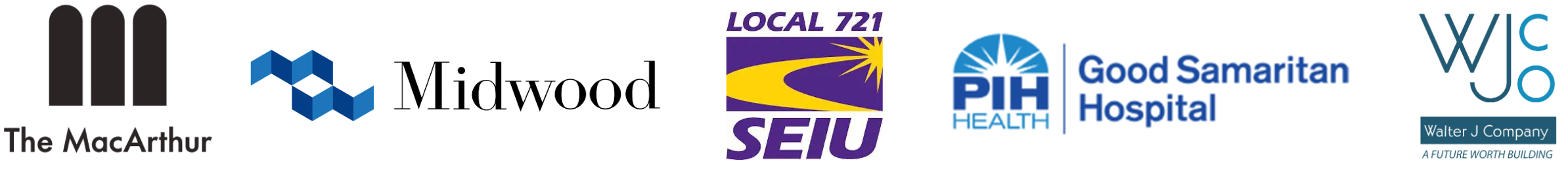 Collection of logos from various organizations including The MacArthur, a cityscape graphic, Local 721 SEIU, PIH Health Good Samaritan Hospital, and WJC Walter J Company.