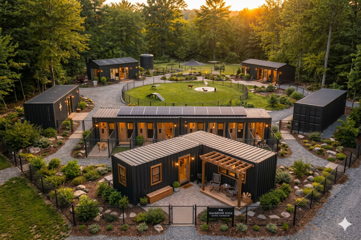 A community of small black container homes with fenced dog yards surrounded by lush green trees during sunset. Contains a grassy area with dogs playing and several pathways connecting the homes.
