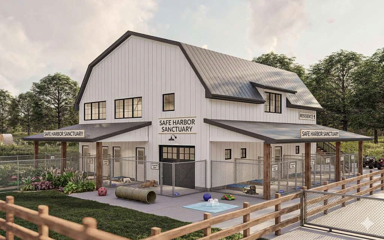 A large white building labeled 'Safe Harbor Sanctuary' with outdoor play areas, fenced dog enclosures, and a wooden fence in front, surrounded by trees.