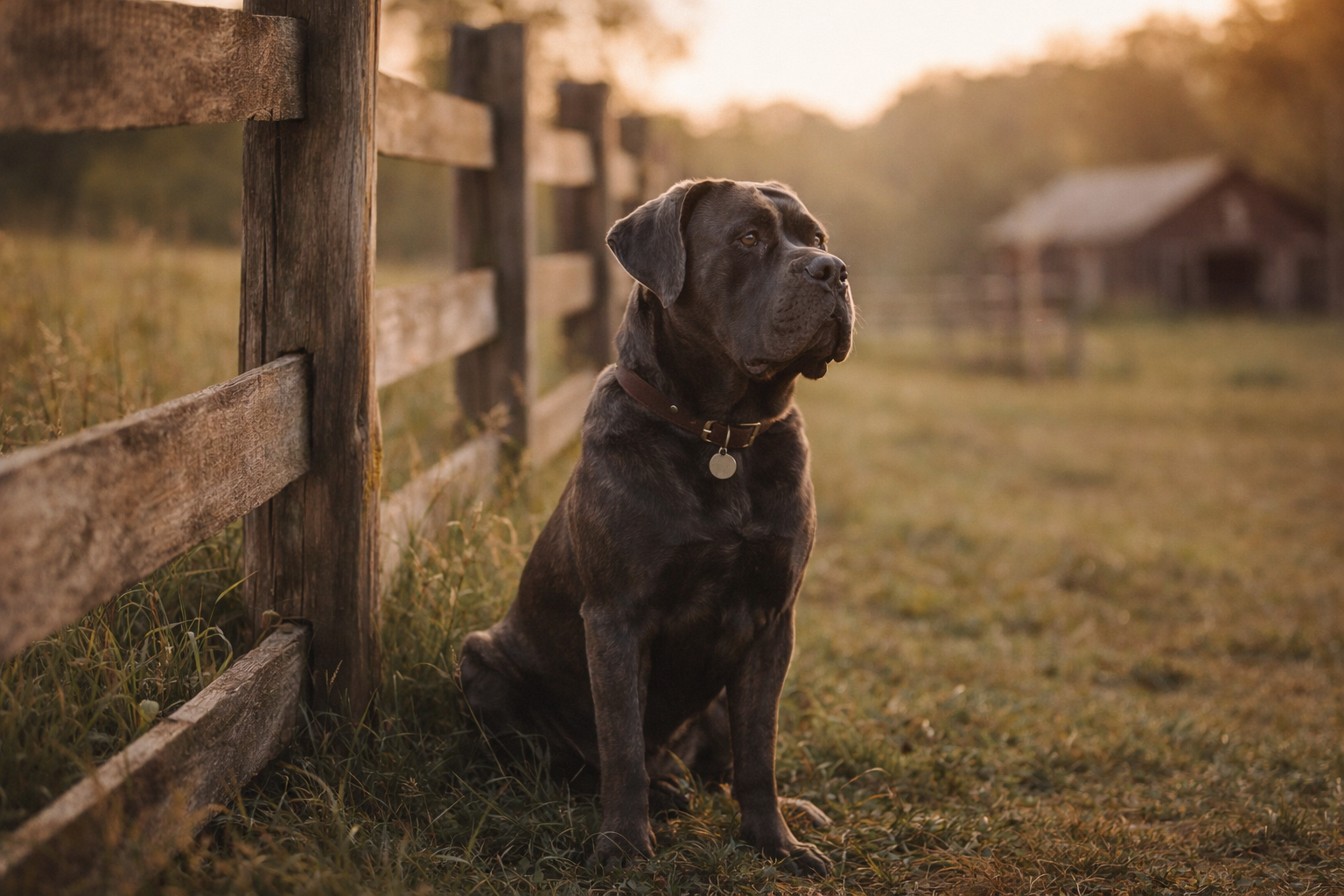 A large brindle-colored dog sitting on the grass beside a wooden fence at sunset, looking into the distance.