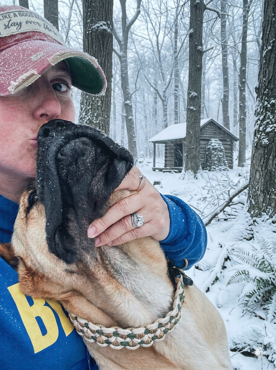 Person with a pink and white cap and a blue shirt holding a large dog in a snowy forest, with a small wooden cabin in the background.