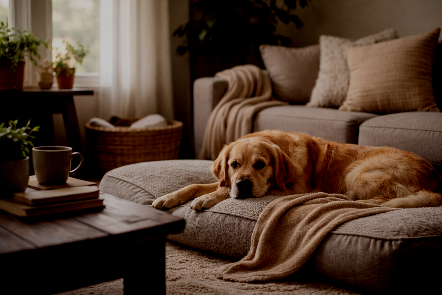 A golden retriever dog lying on a beige sofa in a cozy living room with pillows, a blanket, potted plants, and a coffee table with books and a mug.