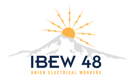 Logo for IBEW Local 48 Electric Workers, featuring a mountain with snow and lightning bolts with a sun behind it.