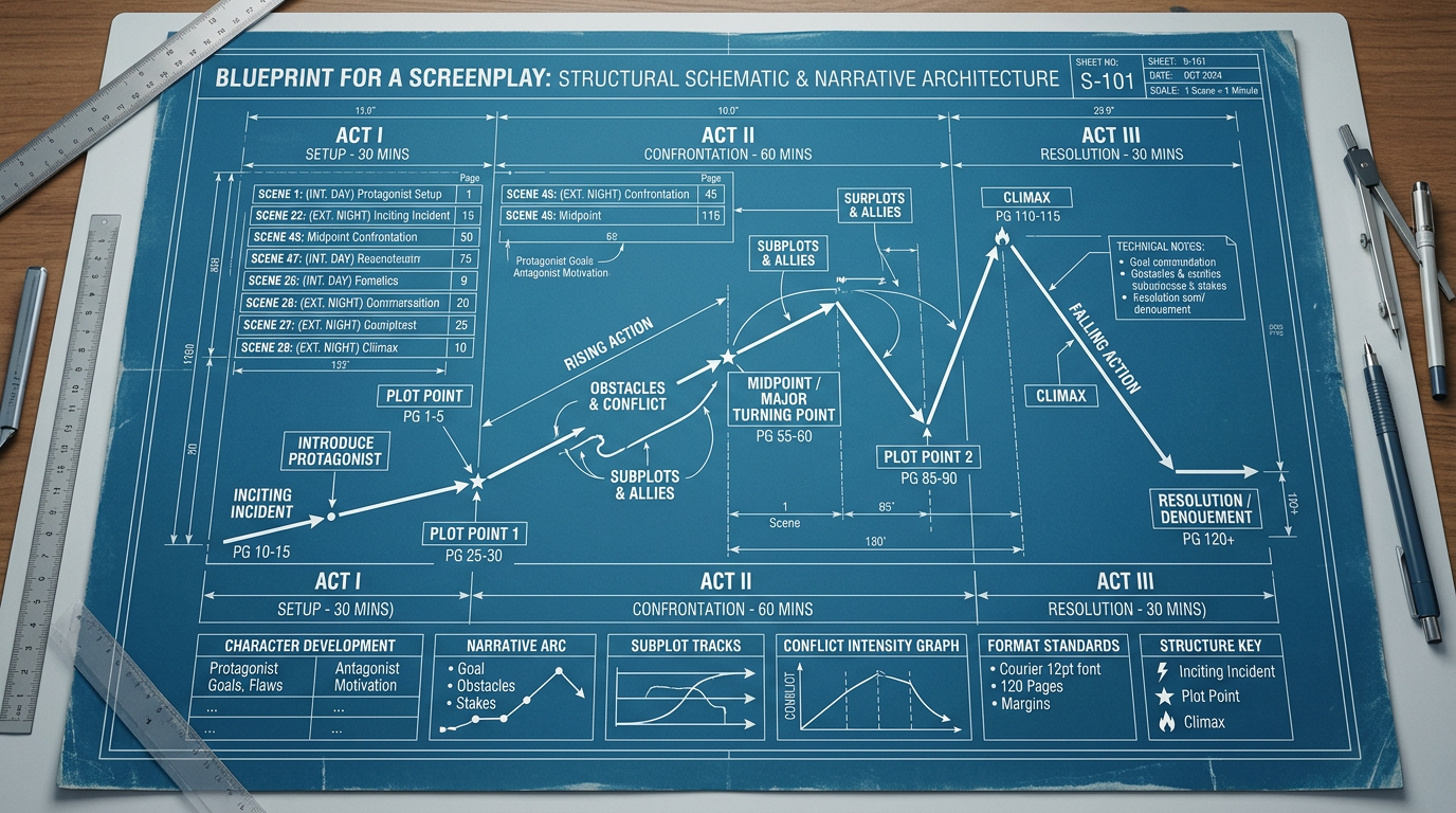 a blueprint of the structure of a screenplay rolled out on a drafting table