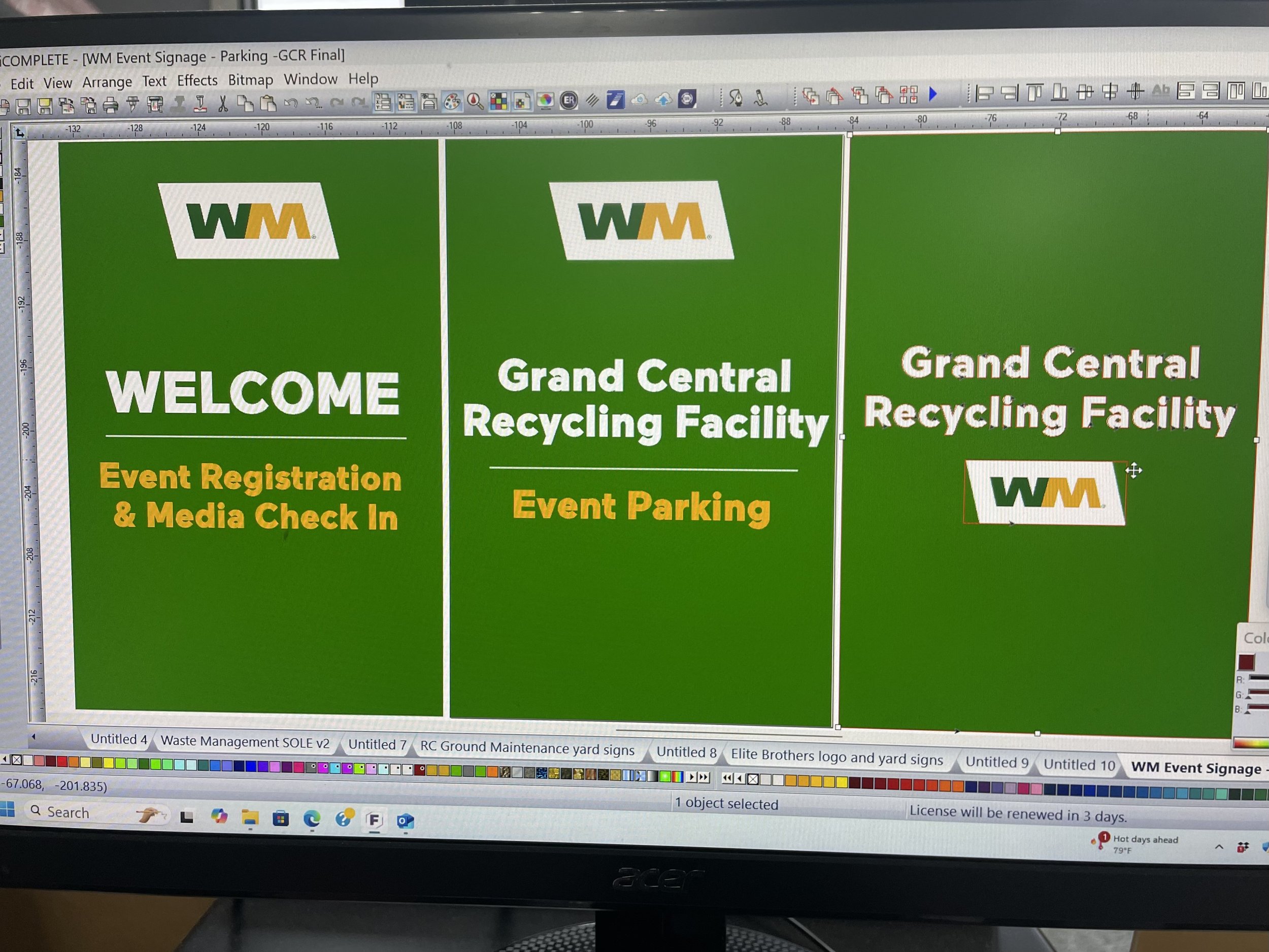 Design mockup of signage with green backgrounds for WM event, including welcome message, parking, and recycling facility information, with WM logo.