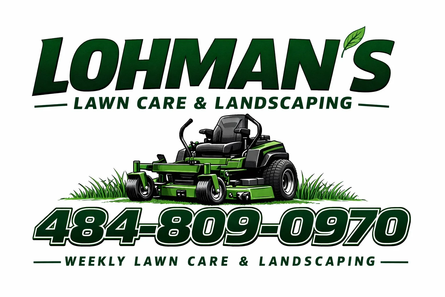 Lohman's Lawn Care & Landscaping logo featuring a green riding lawn mower on grass, with the business name, phone number, and service details in green and black text.