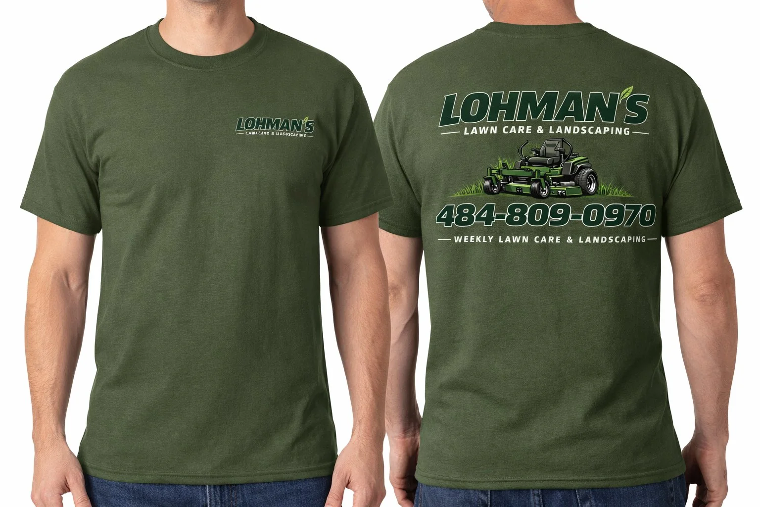 Green T-shirt with company logo and contact information for Lohman's Lawn Care & Landscaping, front and back views. The back displays a lawn tractor and phone number.