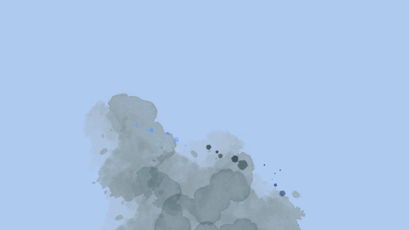 Light blue background with gray watercolor ink splashes and darker blue ink spots.